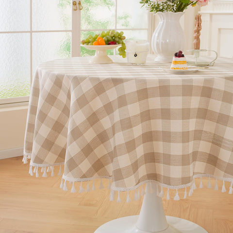 Laolitou beige checkered round tablecloth with tassel edge for rustic dining ambiance.