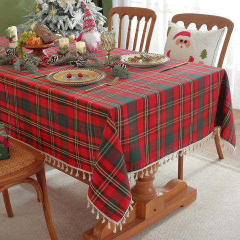 Laolitou Christmas Gingham tablecloth tassels close-up for festive dining elegance