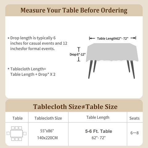 Laolitou 86x55 inch tablecloth provides comfortable drop for standard rectangular tables.