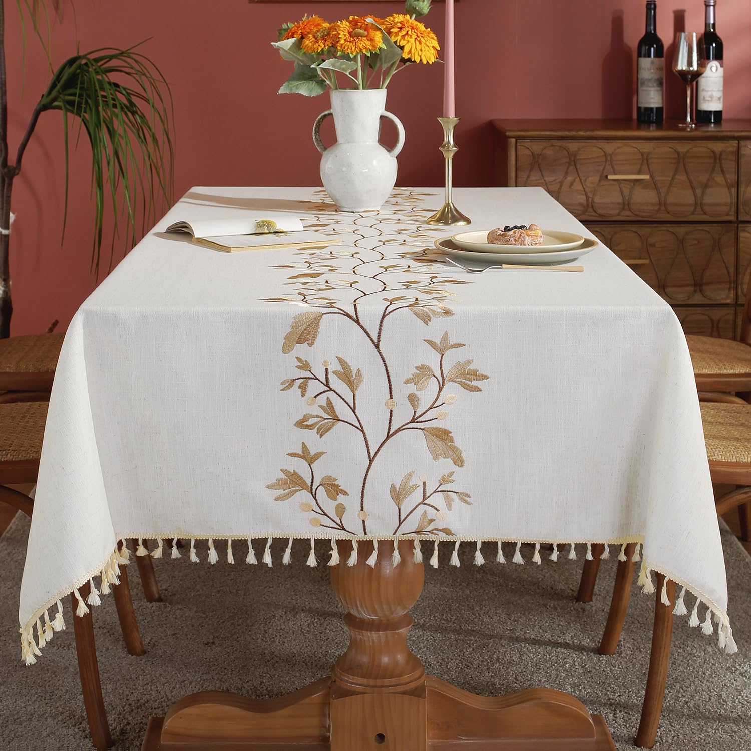 Laolitou waterproof tablecloth with coffee flower beige protects meals from spills