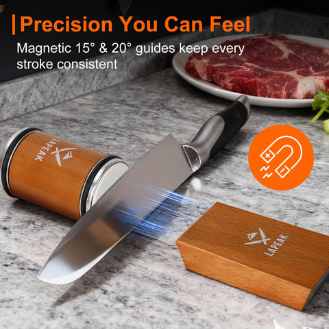 Lapeak ceramic disc polishes blades to a mirror-smooth finish