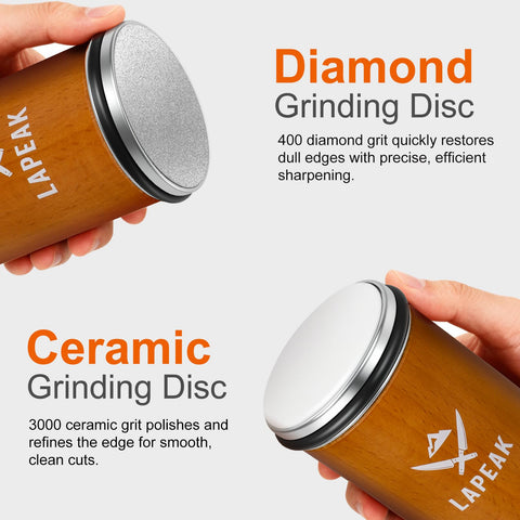 Lapeak sharpener's diamond disc reshapes dull blades for faster cutting