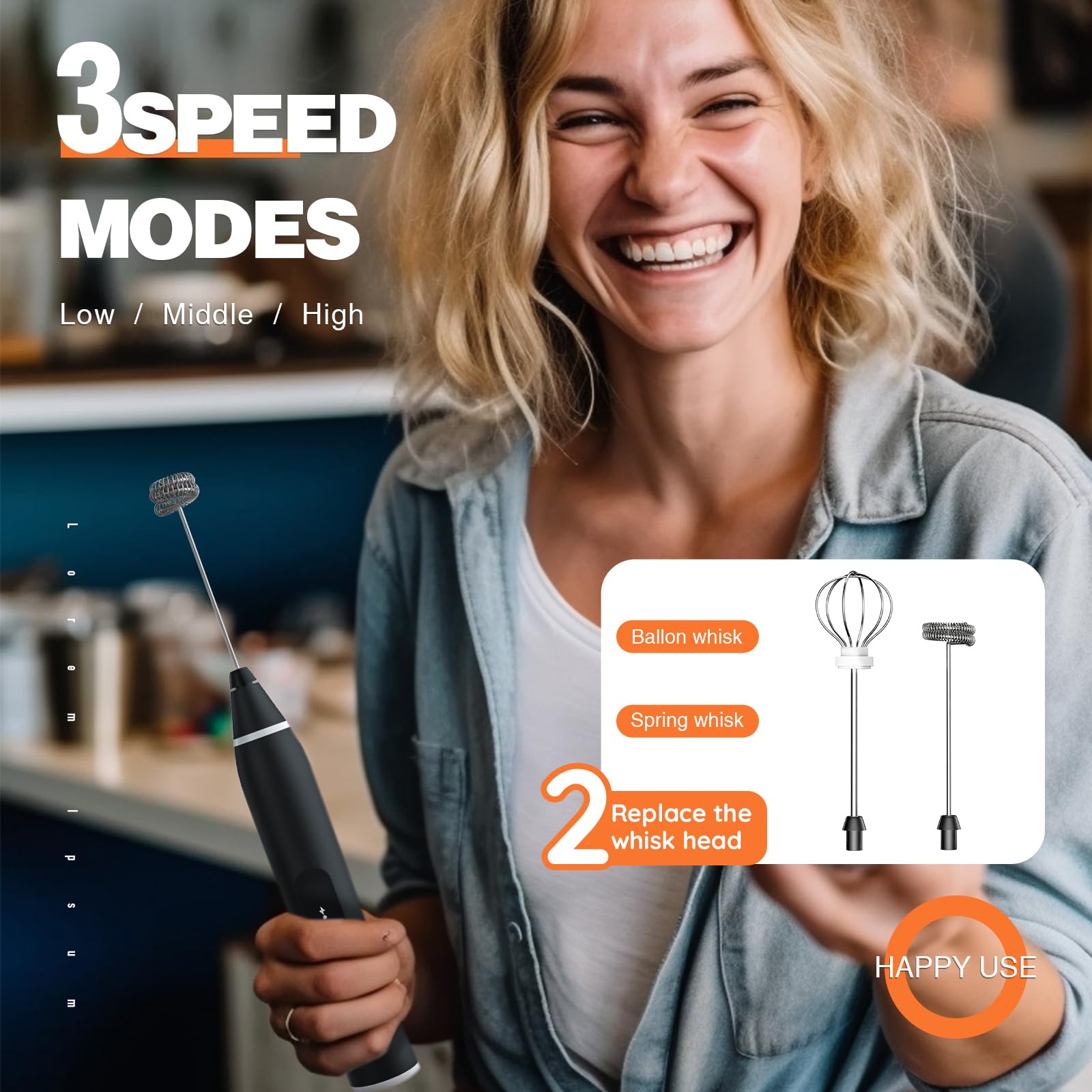 Laposso milk frother shows three speed options for customized frothing