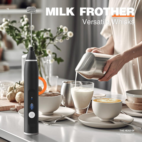 Laposso frother working in a cup to create creamy foam