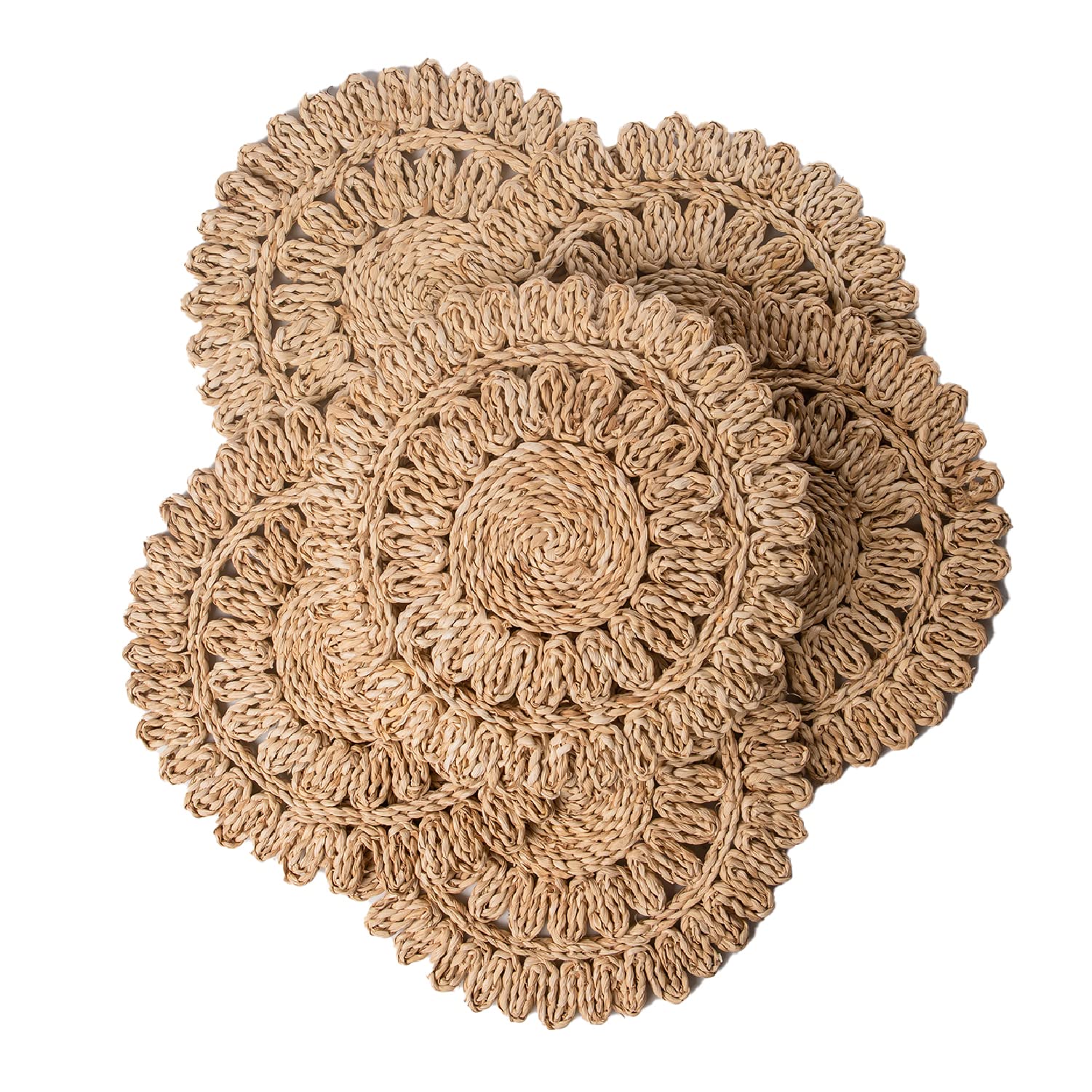 Laquedecraft round corn husk placemats in 13.8-inch on table, natural rustic charm and protection