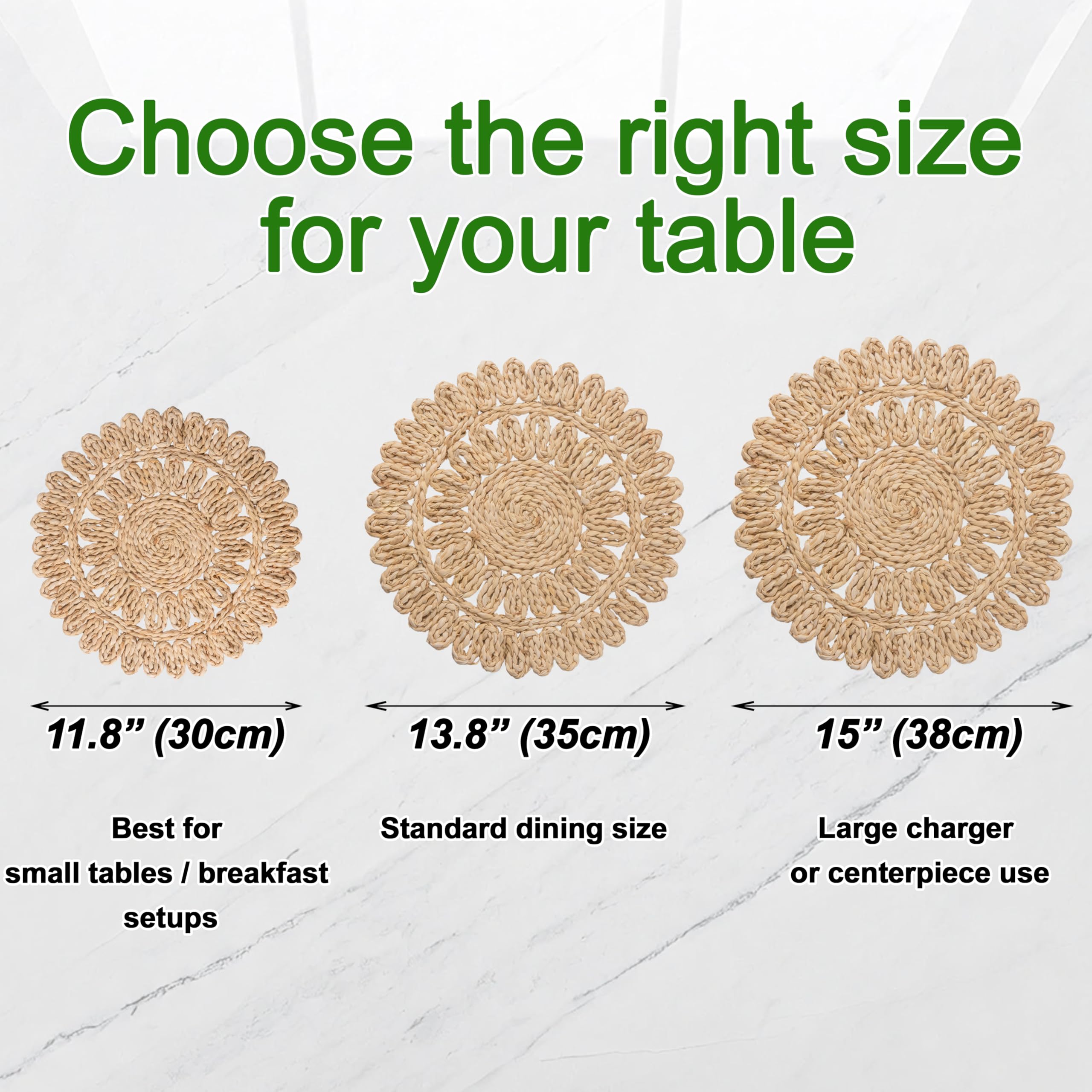 Laquedecraft round placemats set on a farmhouse dining table.