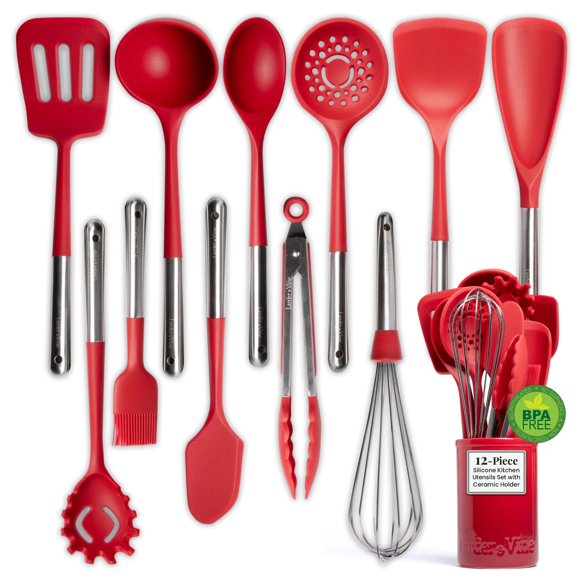 Larder & Vine 12-piece silicone utensil set with Cabernet color displayed for heat resistance up to 500°F.