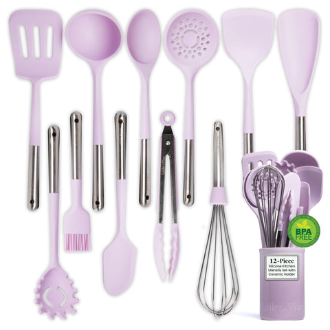Larder and Vine 12-piece lavender silicone utensils set with ceramic holder on countertop.