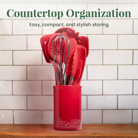 Larder & Vine ladle resting on counter with durable handle.