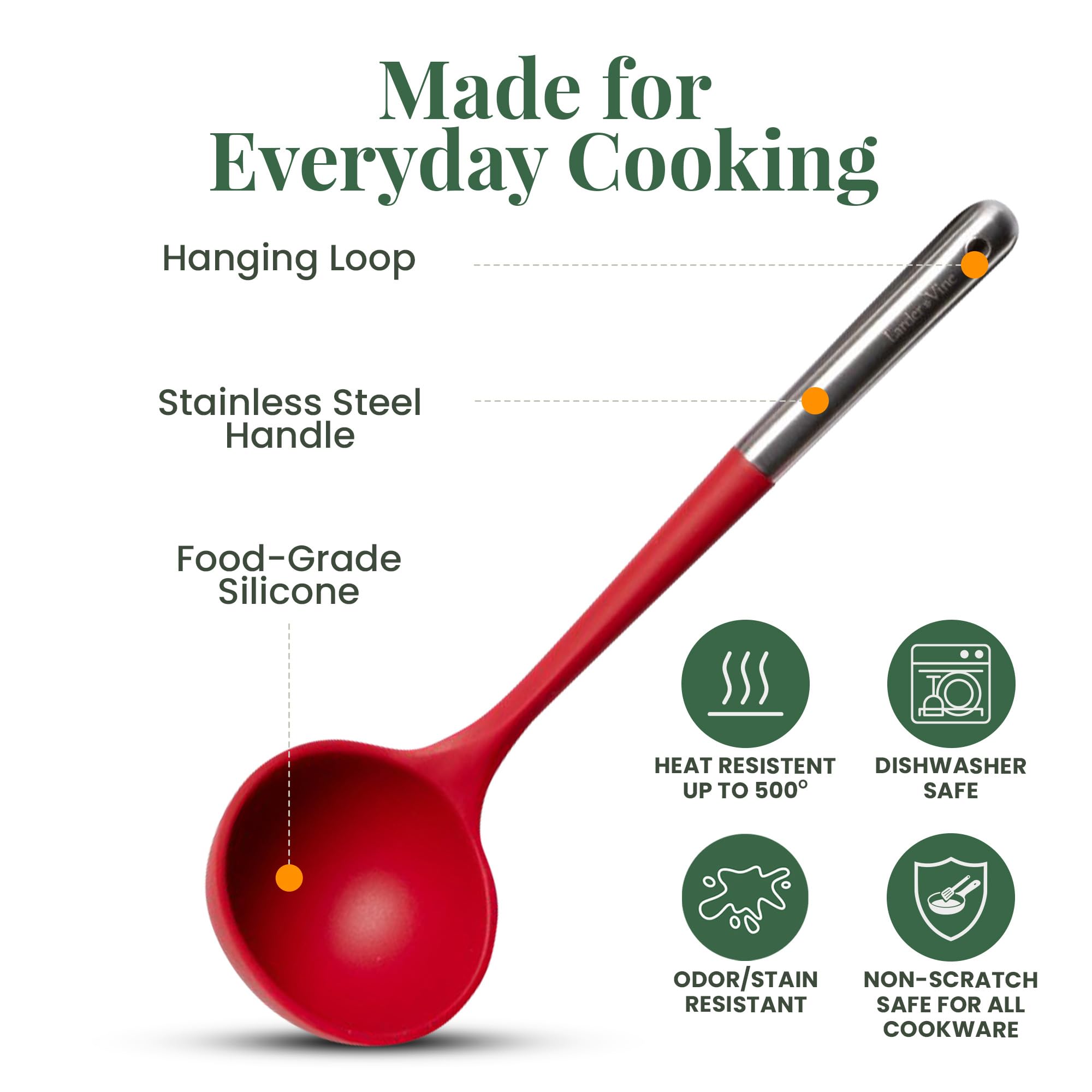 Larder & Vine pasta server with stainless steel handle for sturdy serving.