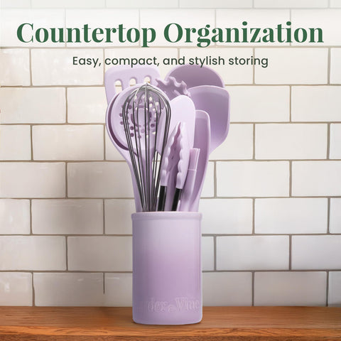 Larder and Vine lavender ladle, skimmer, and tongs with stainless handles.