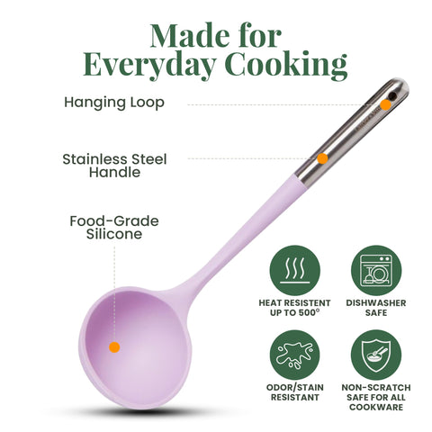 Larder and Vine lavender silicone pasta server supporting even pasta servings.