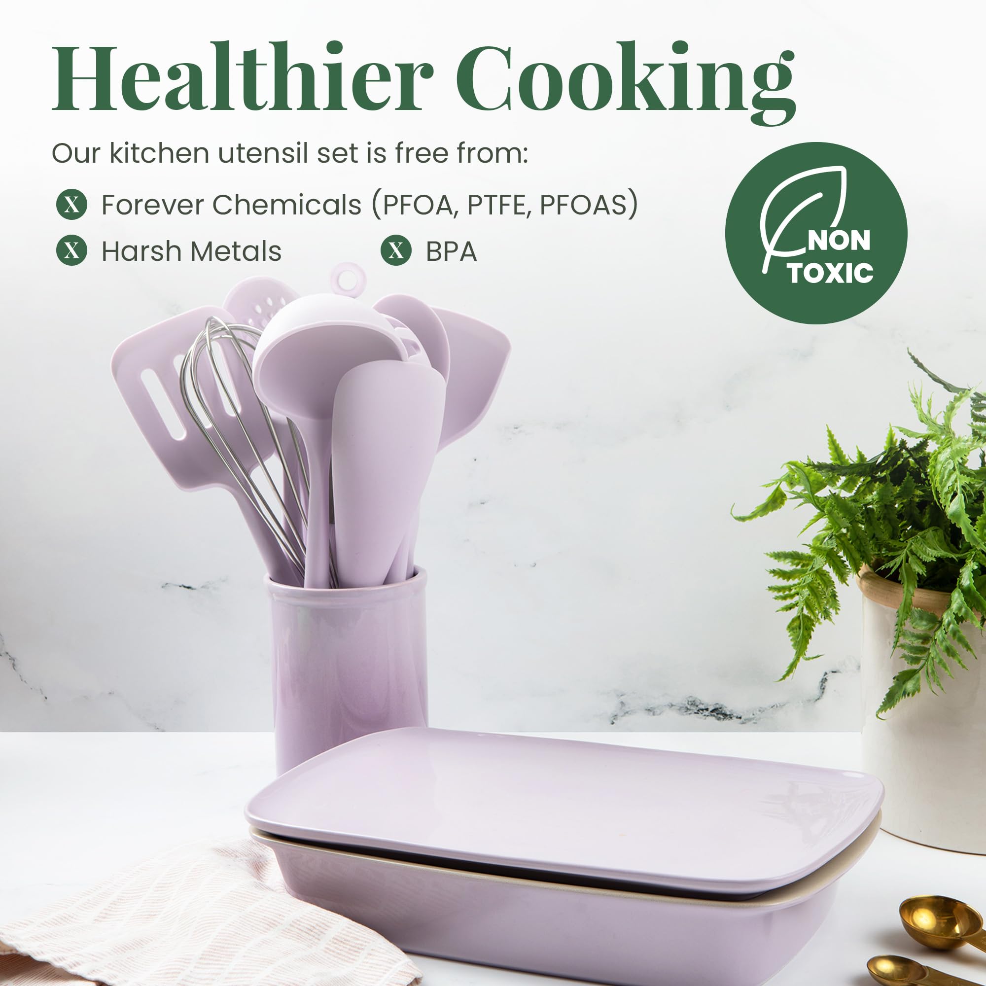 Larder and Vine lavender silicone spatula protecting nonstick pans during flipping.