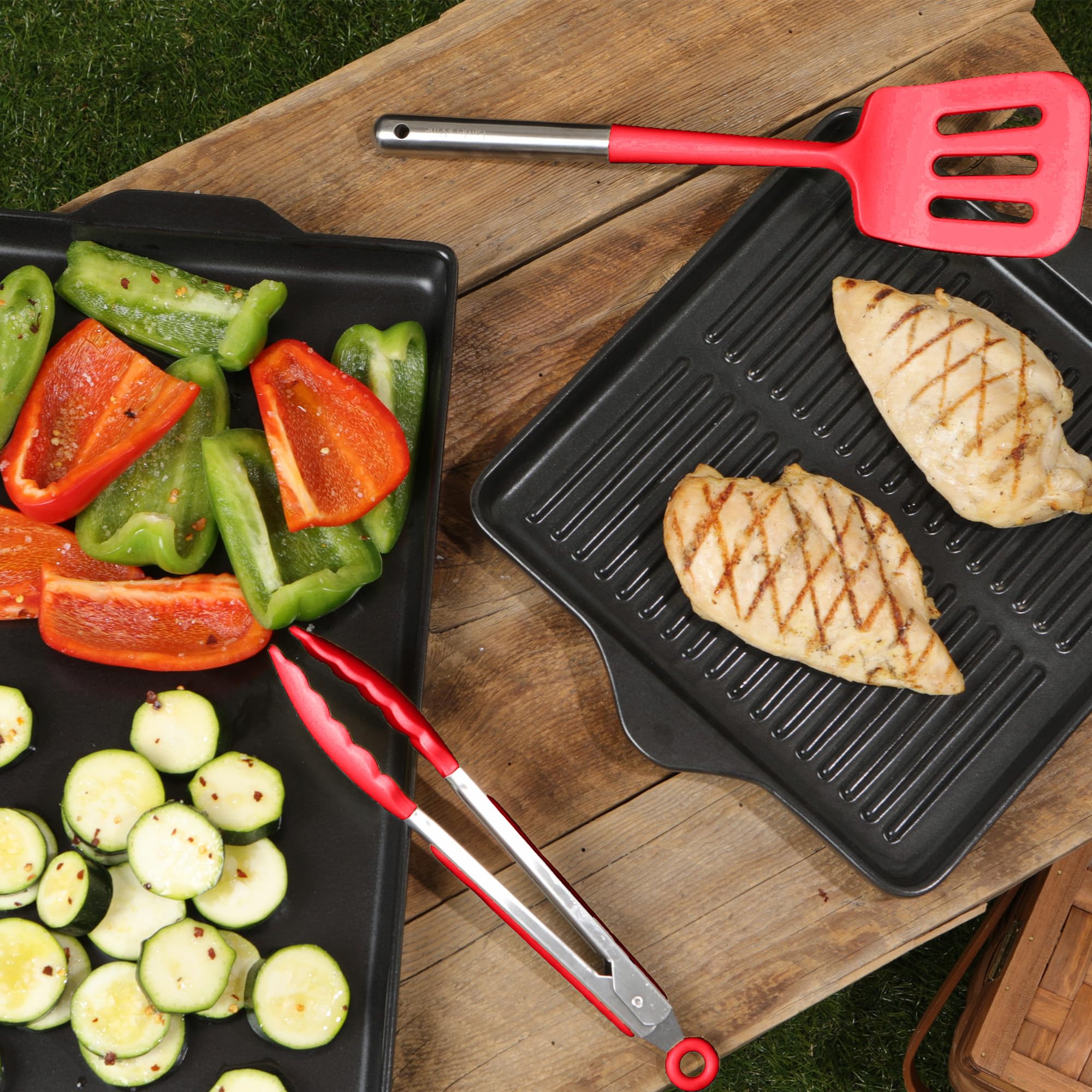 Larder & Vine silicone utensils whisk in action, safe for nonstick cookware.