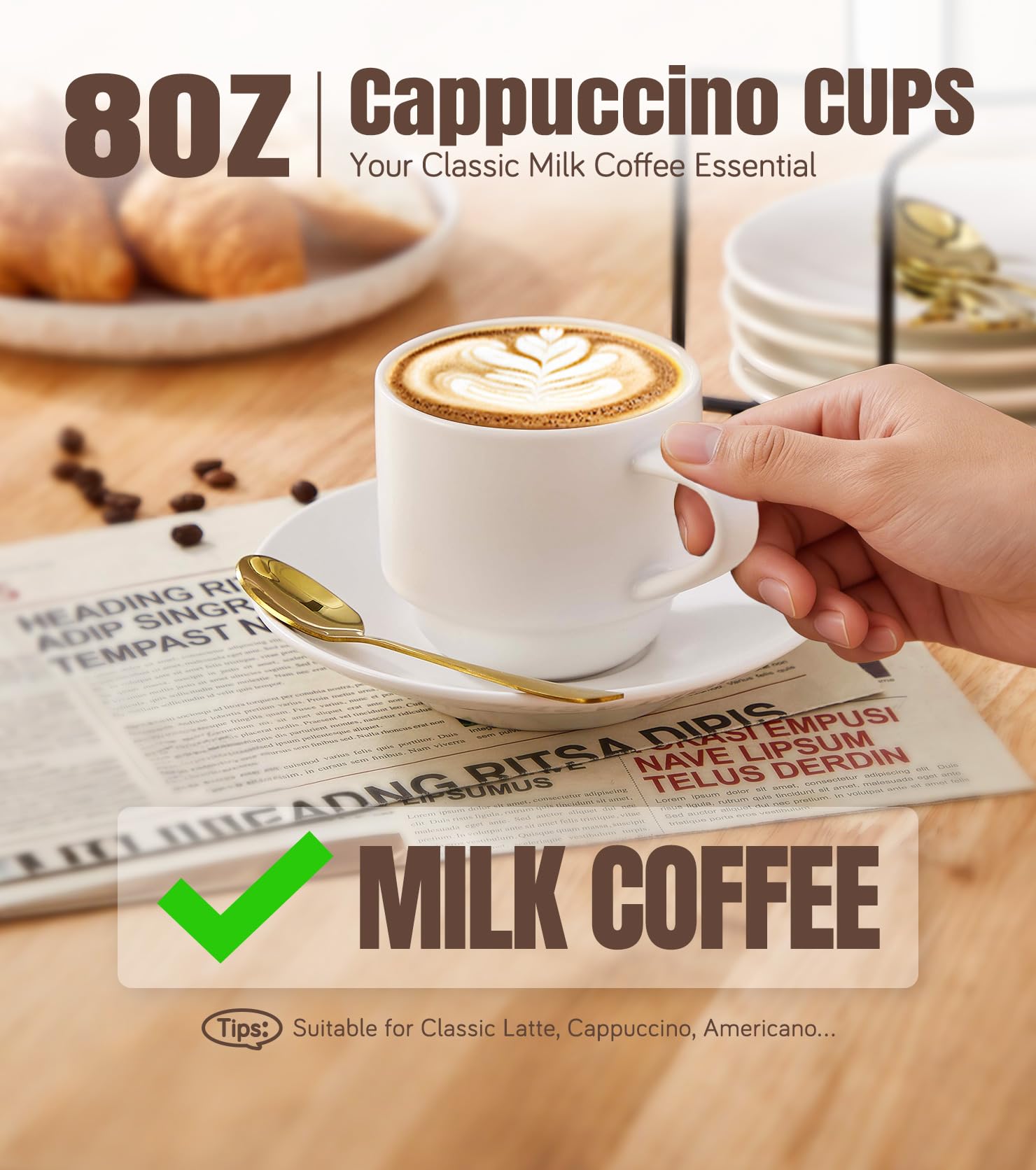 Lareina cappuccino cups with matching saucers, showcasing a complete drinkware set for cappuccino and tea.