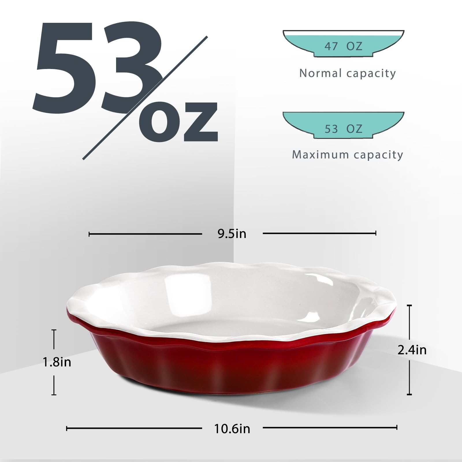 Lareina ceramic pie dish with fluted rim for crimped crusts and a secure grip.
