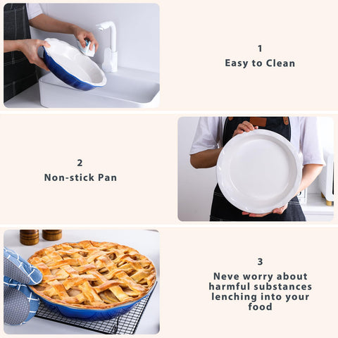 Lareina ceramic pie pan blue dishwasher-safe finish simplifies cleanup