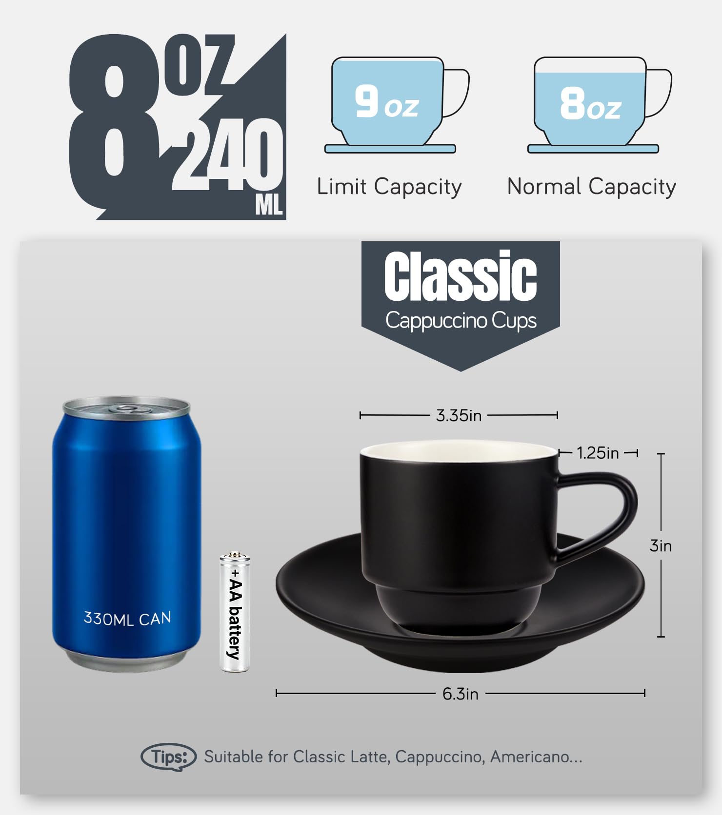 Lareina cups with saucers and spoons for a complete coffee ritual.