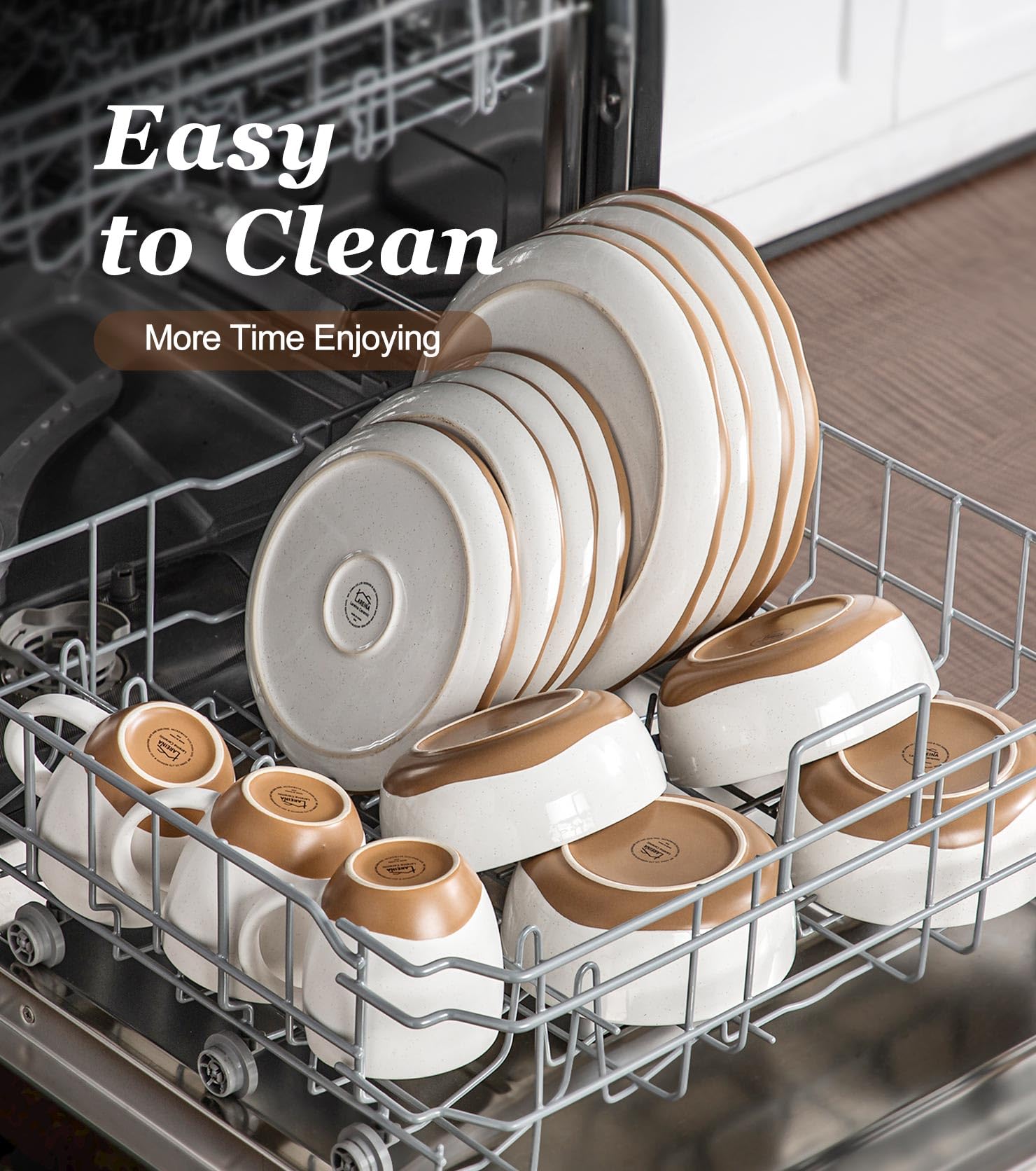 Lareina dinnerware shown as dishwasher and microwave safe for busy kitchens.