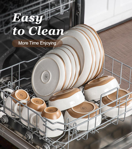Lareina dinnerware shown as dishwasher and microwave safe for busy kitchens.