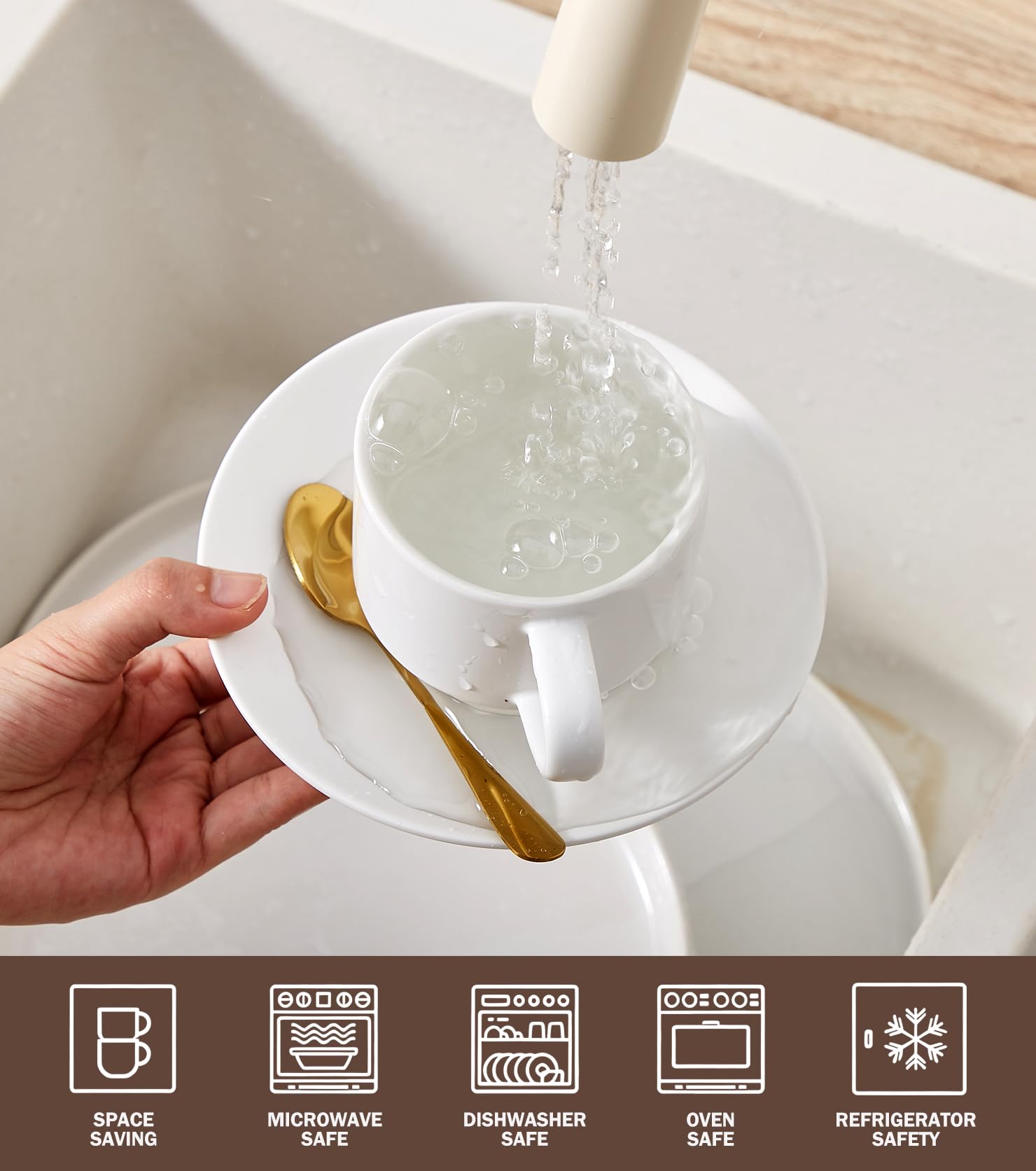 Lareina cups and saucers are dishwasher safe for easy cleanup.