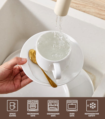 Lareina cups and saucers are dishwasher safe for easy cleanup.