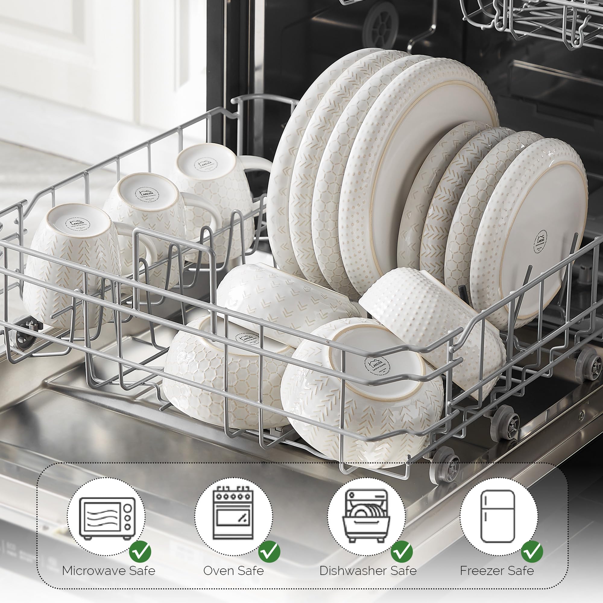 Lareina farmhouse kitchen table scene shows versatile dinnerware for daily dining.