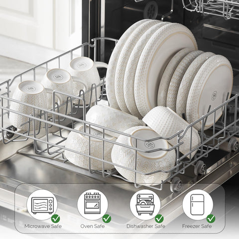 Lareina farmhouse kitchen table scene shows versatile dinnerware for daily dining.