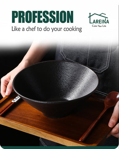 Lareina matte black porcelain bowls enhance modern table setting.