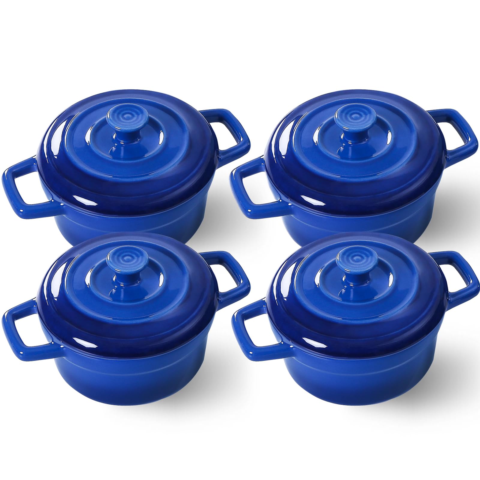 Lareina Mini Cocotte 12oz blue with handles and lid for easy serving and heat retention.