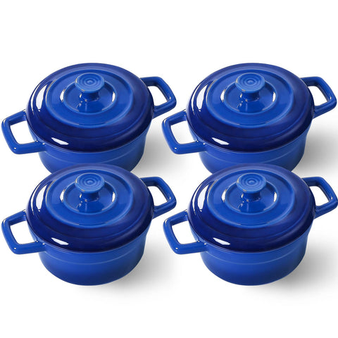 Lareina Mini Cocotte 12oz blue with handles and lid for easy serving and heat retention.