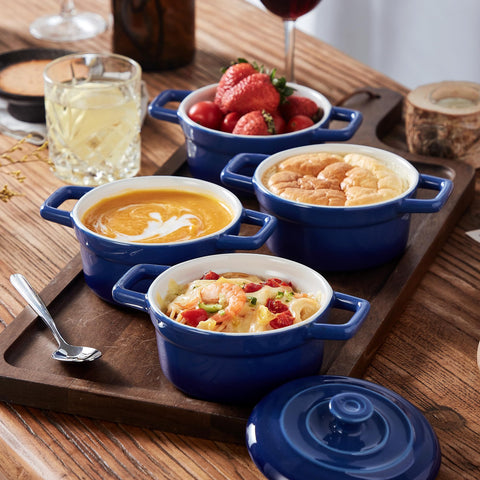 Lareina sturdy packaging protects each blue ramekin during delivery.