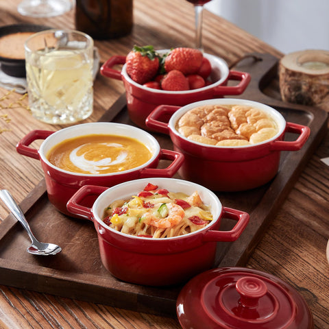 Set of four red dishes enables coordinated table presentations.