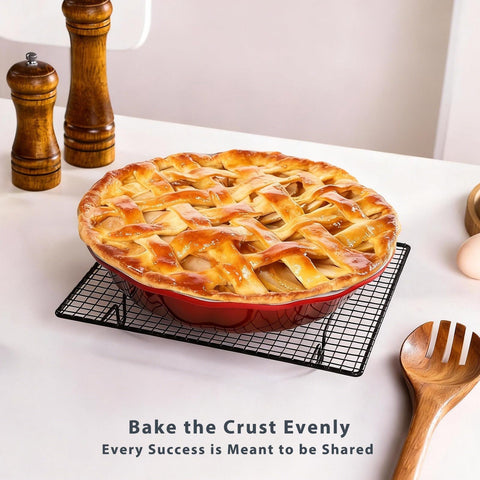 Lareina set of 2 red pie pans provides versatile batch baking options.