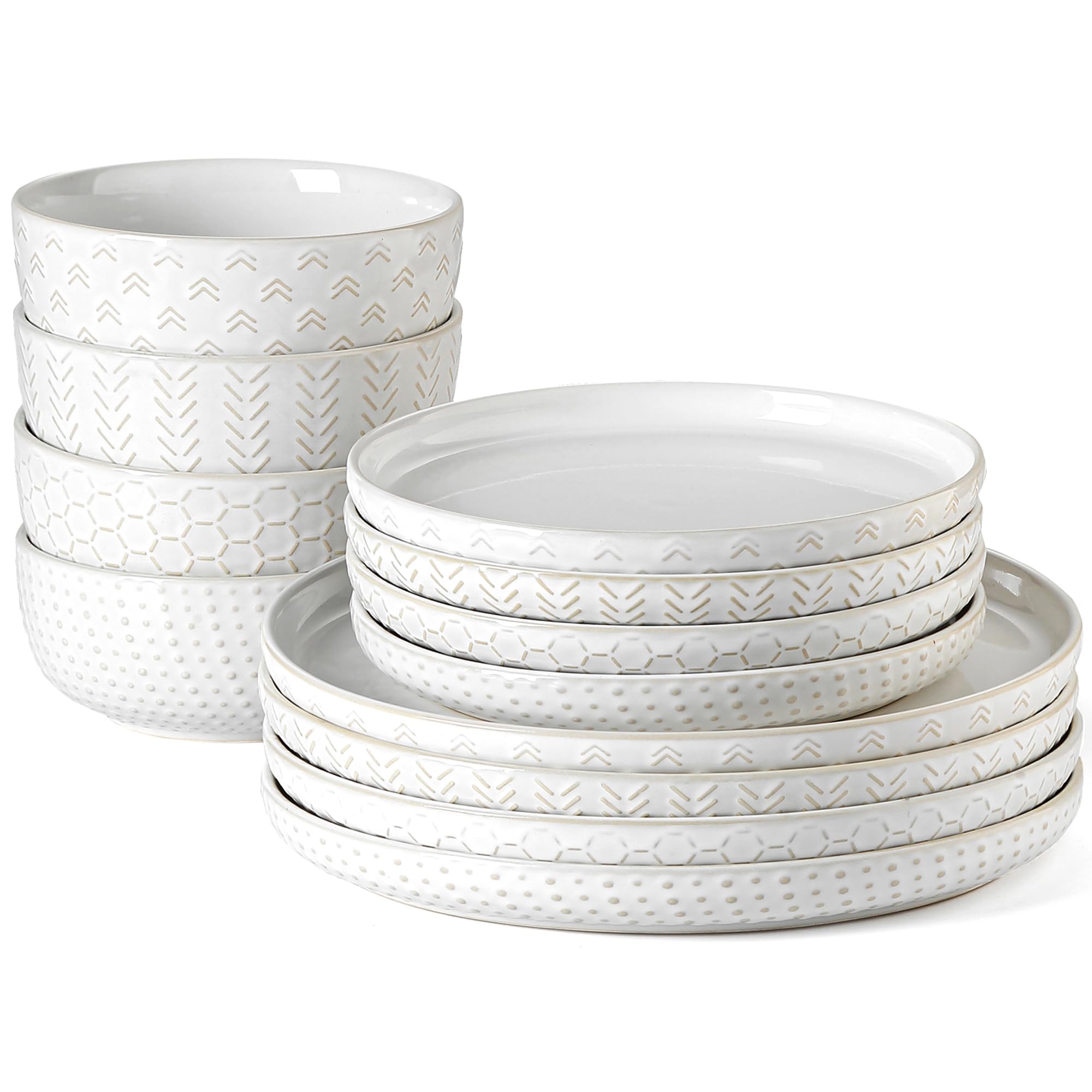 Lareina stoneware dinner plates in ivory with a reactive glaze, durable for daily meals.