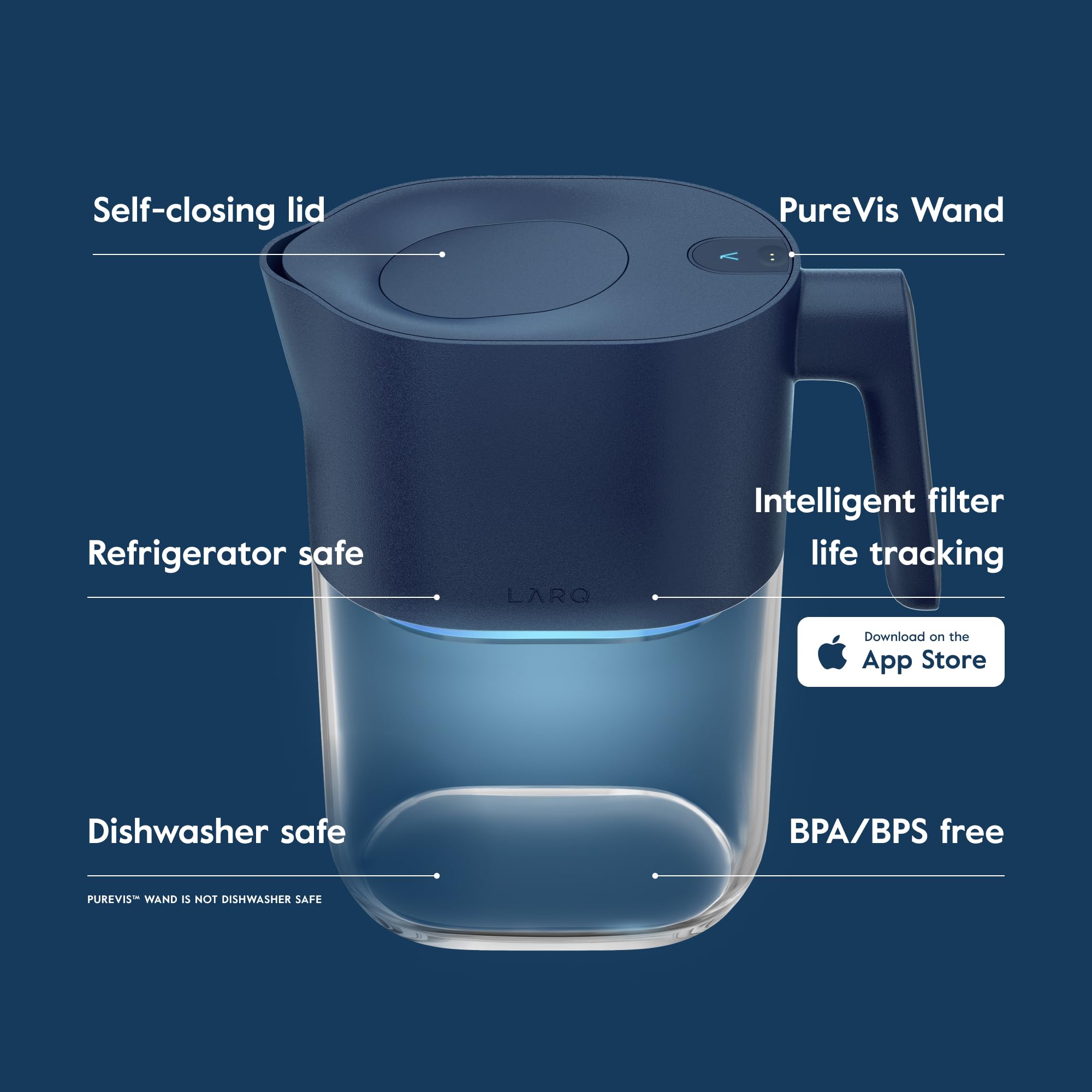 LARQ PureVis pitcher side view with Monaco Blue finish for stylish kitchens