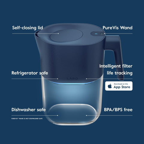 LARQ PureVis pitcher side view with Monaco Blue finish for stylish kitchens
