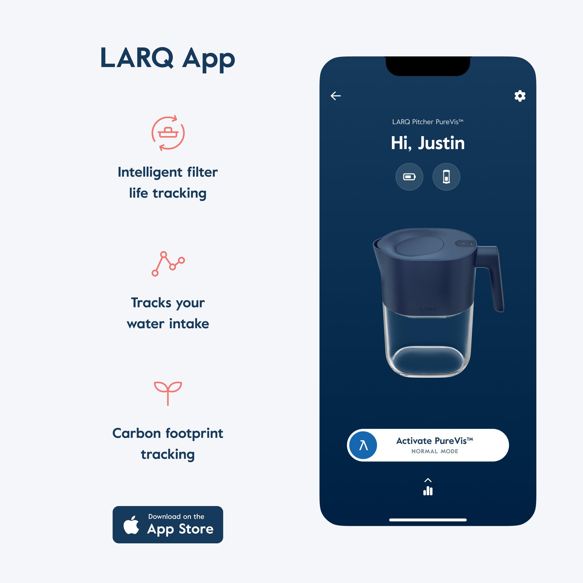 LARQ PureVis pitcher top view highlighting ergonomic lid for easy refills
