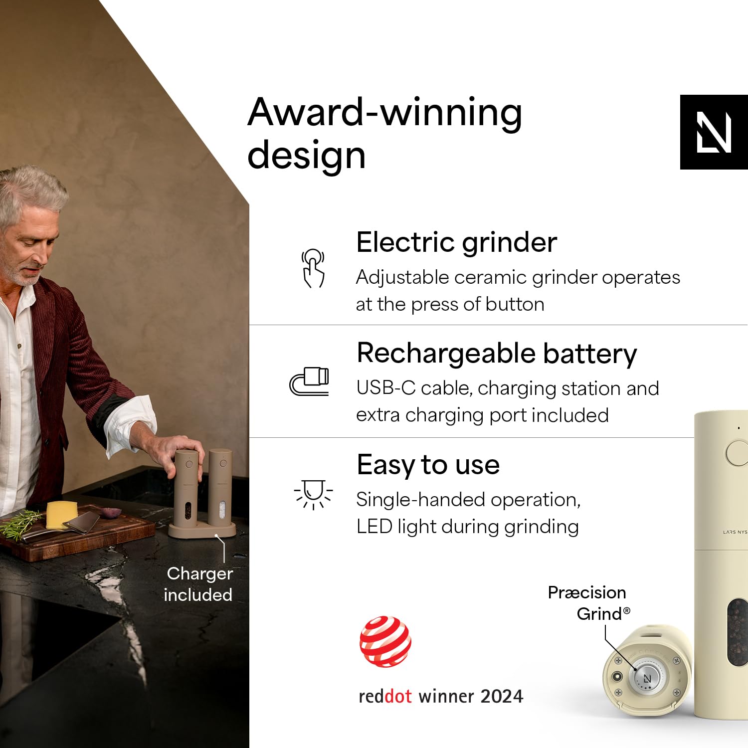 LARS NYSØM adjustable ceramic grinder delivers grind sizes from fine to coarse.