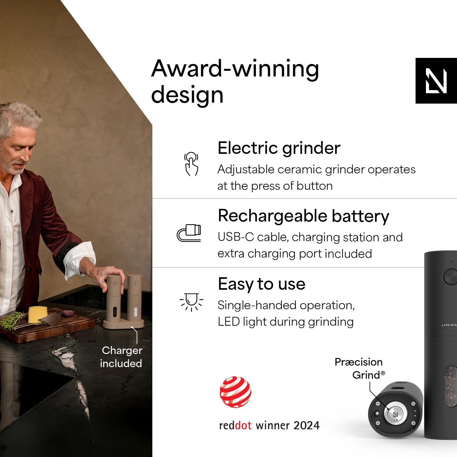 LARS NYSØM electric grinder coarseness control for precise seasoning.