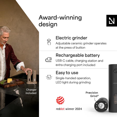 LARS NYSØM electric grinder coarseness control for precise seasoning.