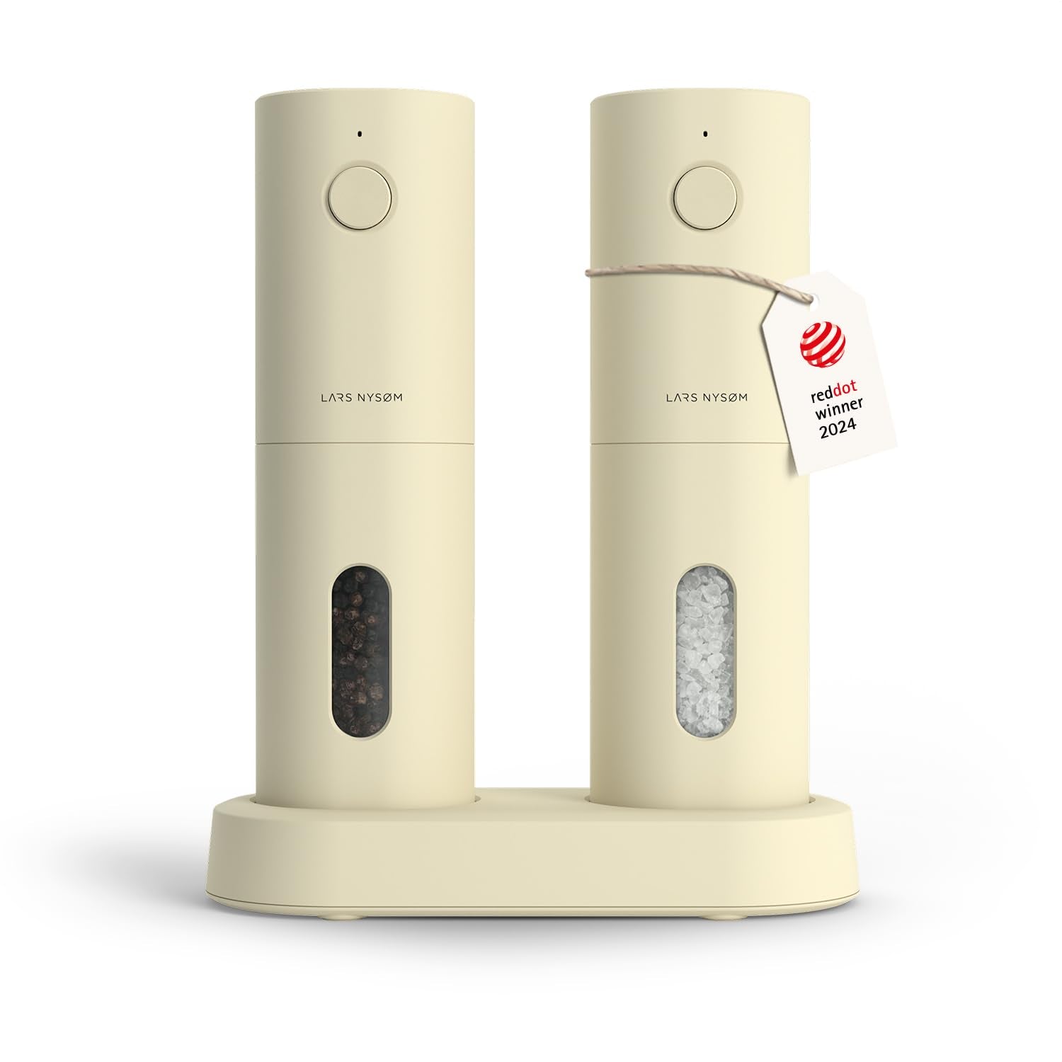 LARS NYSØM electric salt and pepper grinder set with butter-cream finish for consistent seasoning.