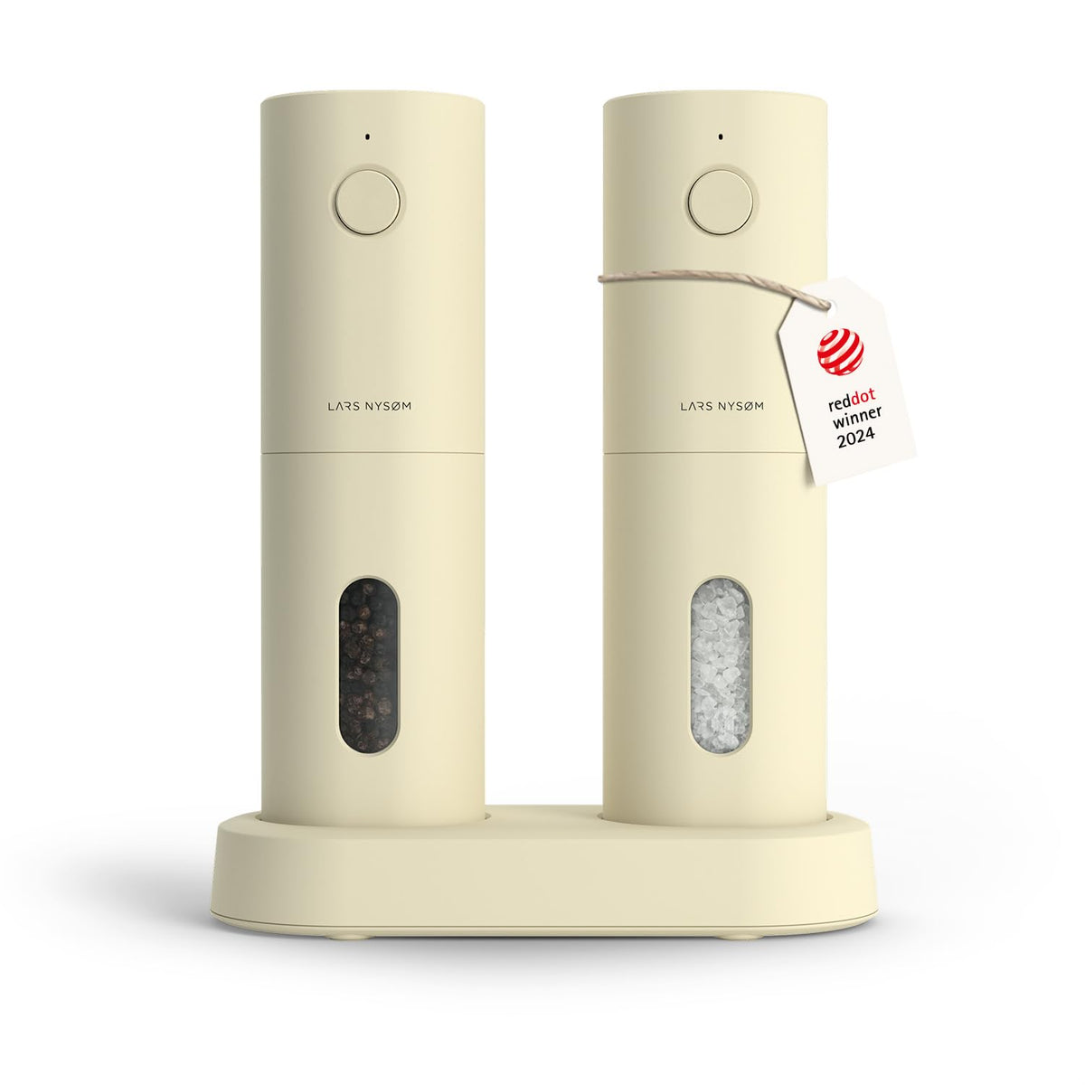 LARS NYSØM electric salt and pepper grinder set with butter-cream finish for consistent seasoning.