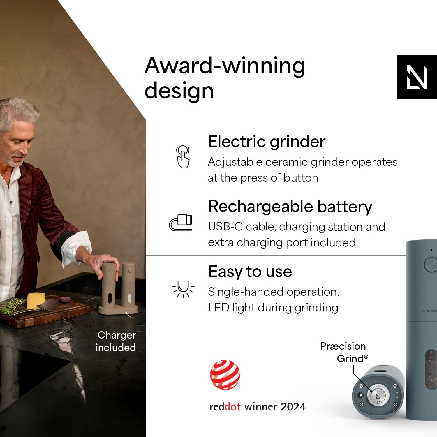 LARS NYSØM grinder with LED light guiding precise grinding for seasoning