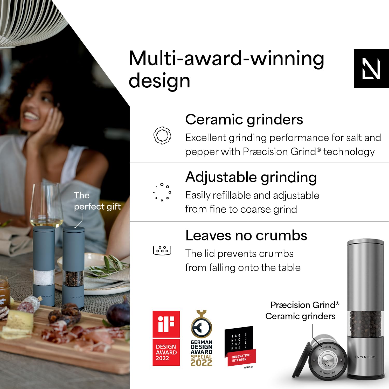 LARS NYSØM Lagom adjustable ceramic grinder – customize grind size for fresh flavor.