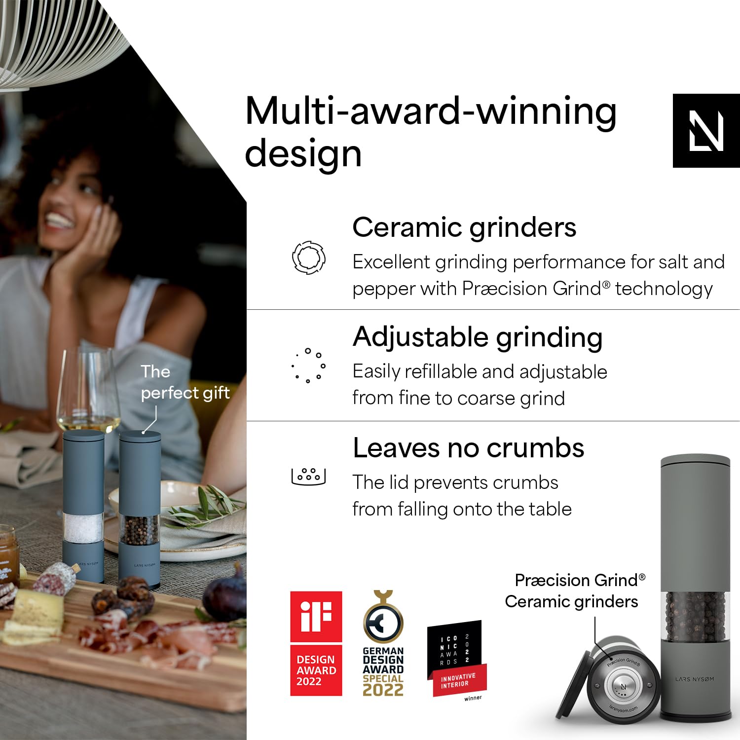 LARS NYSØM Lagom pepper grinder in ash gray for controlled pepper grinding