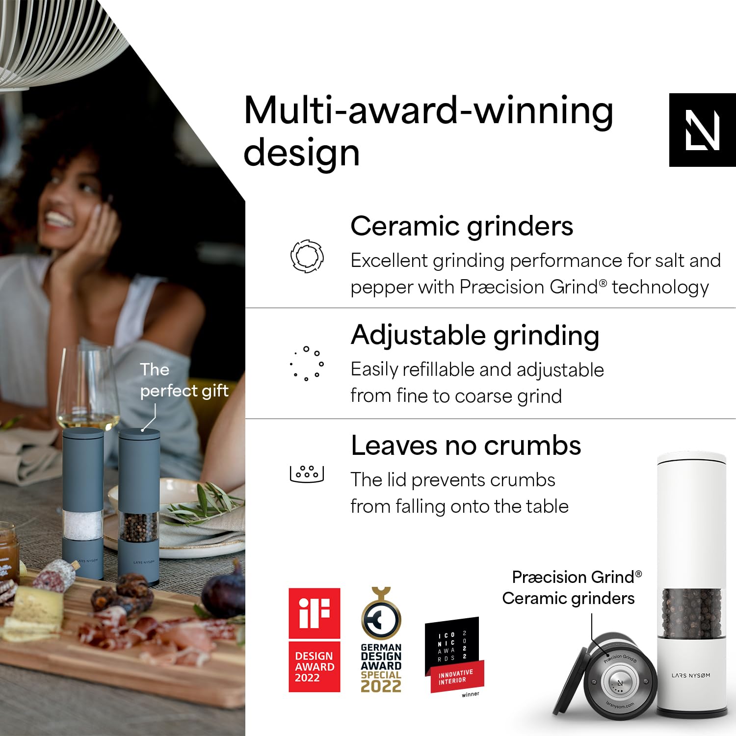 LARS NYSØM Lagom salt grinder with adjustable ceramic mechanism for precise grinding.