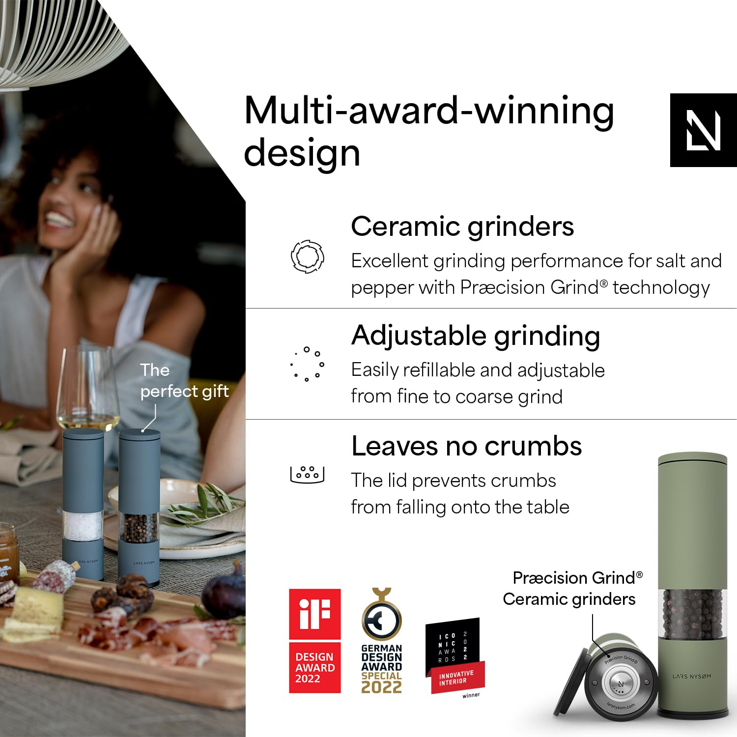 Lagom salt grinder close-up showing the adjustable ceramic mechanism for precise texture.