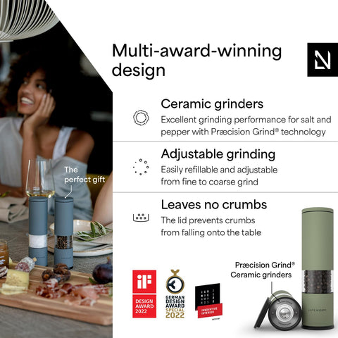 Lagom salt grinder close-up showing the adjustable ceramic mechanism for precise texture.
