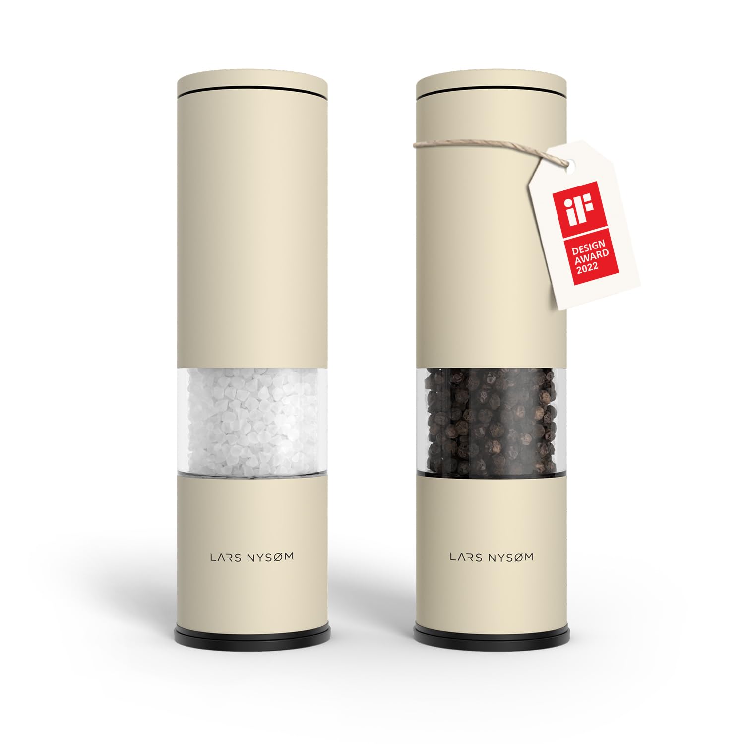 LARS NYSØM Lagom salt and pepper grinder set in almond beige showcases elegant design.